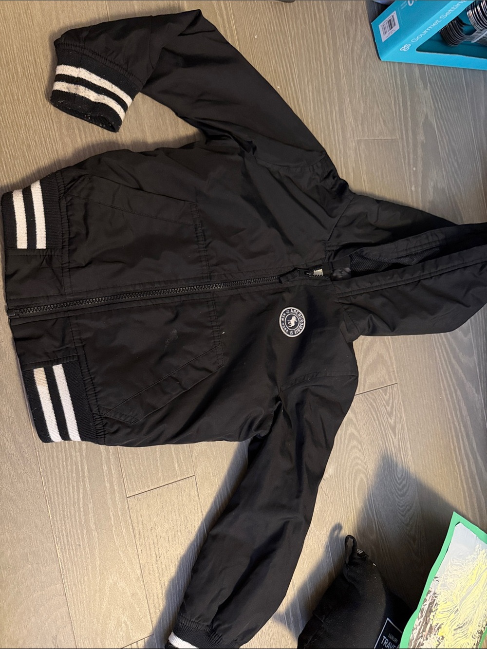 abercrombie kids Black Hooded Bomber Jacket with White Stripe Trim